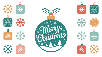 Festive merry christmas greeting with ornate hanging ornament surrounded by colorful decorative baubles and snowflakes