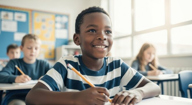 Happy and focused young Black student smiles brightly, actively engaged in a lively classroom setting while holding a pencil and learning