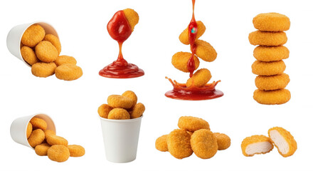 Golden chicken bites with red sauce isolated on a transparent background