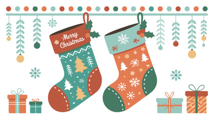 Two festive christmas stockings hanging with merry christmas text and surrounded by gifts and snowflakes