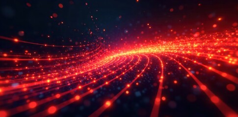 Abstract representation of breaking news flow, dynamic lines, and data streams. An abstract, energetic visualization of fast moving lines and glowing digital streams on a dark background, representing