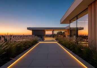 Modern luxury villa exterior with manicured landscape at dusk sky view