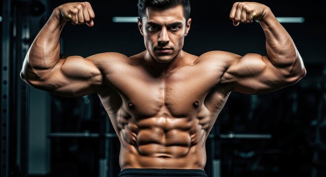 Man flexes muscles in gym with focused expression, showcasing strength, fitness, and body building; perfect for workout related media