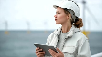 female engineer at offshore wind farm monitoring turbine performance from vessel muted waves digital tablet sustainable operations cinematic color correction, gentle backlight, clean negative - Powered by Adobe