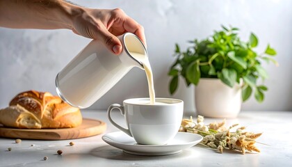Hand pouring beverage from a pitcher into a cup resting on a saucer. Breads and potted plants are visible in a bright kitchen