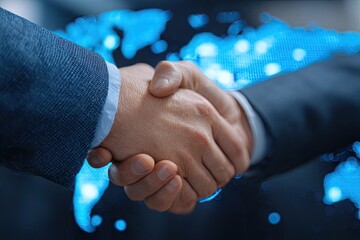 Business handshake with digital world map overlay