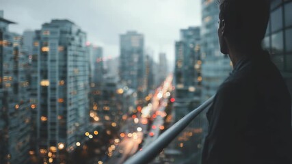 A contemplative figure observes the glowing city from a high rise balcony as evening falls, surrounded by skyscrapers and blurred traffic lights. The mood is reflective and modern