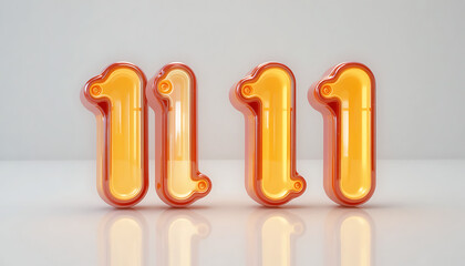 Four shiny orange inflatable numbers eleven 11 arranged in a row on a reflective surface with a light gray background symbolizing a date or event