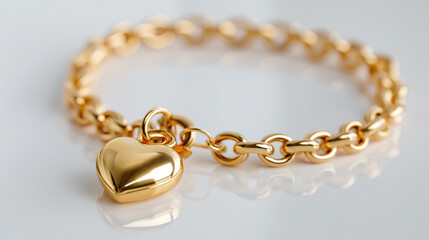 Obraz premium Close up of a golden chain bracelet with a heart shaped pendant on a white surface