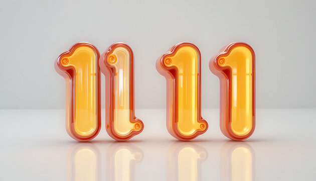 Four shiny orange inflatable numbers eleven 11 arranged in a row on a reflective surface with a light gray background symbolizing a date or event