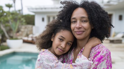 Smiling african family by the poolside in matching outfits