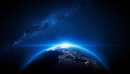 Stunning Earth view from space at sunrise with the Milky Way galaxy shining brightly, perfect for global business and environmental awareness campaigns