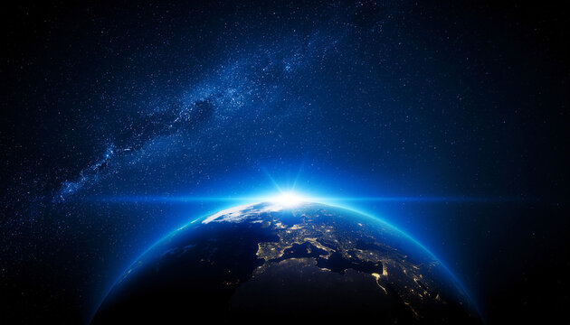Stunning Earth view from space at sunrise with the Milky Way galaxy shining brightly, perfect for global business and environmental awareness campaigns