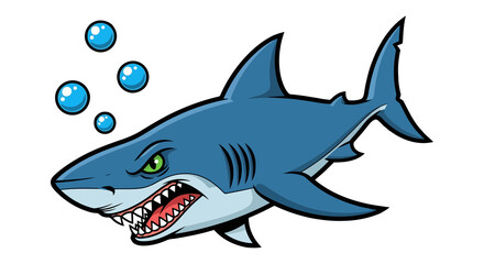 Fototapeta premium Cartoon shark with bubbles isolated on transparent background, showing its teeth