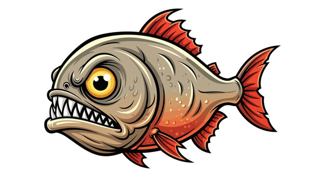 Cartoon piranha with angry expression isolated on transparent background, sharp teeth