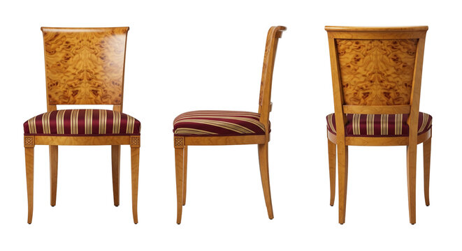 Classic biedermeier dining chair with burl wood back and striped fabric seat from three sides