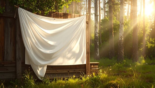 White cloth draped in sunlit forest