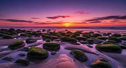 Obraz premium Coastal Sunset Serenity Mossy Stones Reflecting Twilight on the Beach