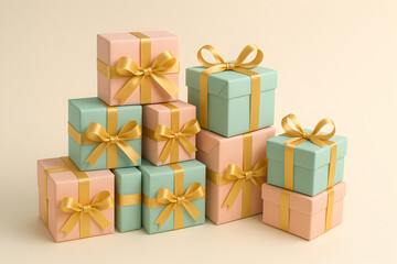 Obraz premium A stack of beautifully wrapped gifts in pastel colors, adorned with golden ribbons and bows, perfect for any celebration, christmas