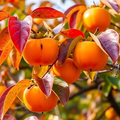 Vibrant persimmon fruits amid autumnal foliage, colorful harvest scene
