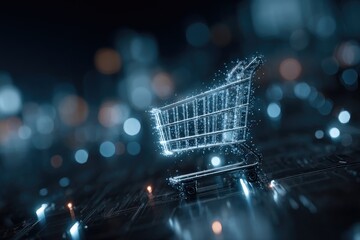 Abstract shopping cart graphic on a circuit board background
