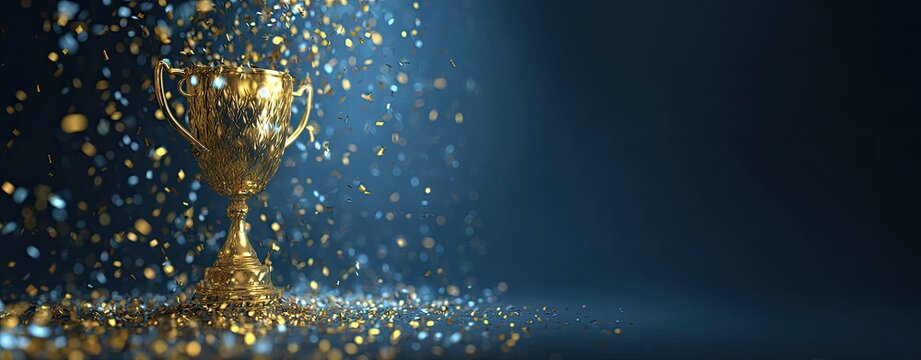 Golden trophy surrounded by confetti on dark blue background