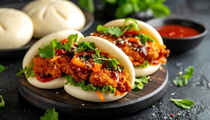 Gourmet bao buns filled with crispy chicken, greens, and drizzled sauce on a wooden plate, with a bowl of red sauce