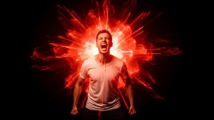 A man screams in front of a glowing red explosion against a black backdrop