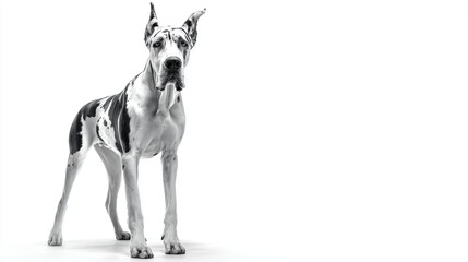A full body shot of a great dane dog with black and white spots standing on white background