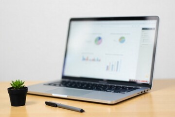 Fototapeta premium Stylized office desk environment, focusing on tools of productivity and planning, devoid of any human presence. Minimalist office desk setup. A sleek laptop, open notebook with abstract diagrams, a