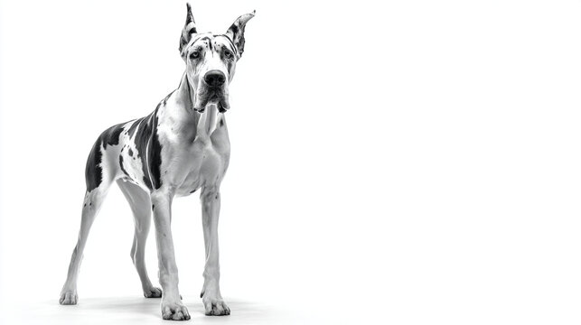 A full body shot of a great dane dog with black and white spots standing on white background
