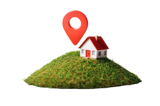 Red location pin signals a miniature house on green hill, indicating importance of home in a digital mapping context for real estate or navigation