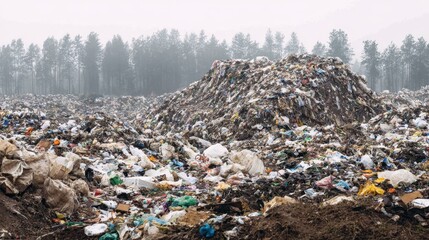 Obraz premium Waste management site in a foggy forested area showing large piles of garbage under gray skies