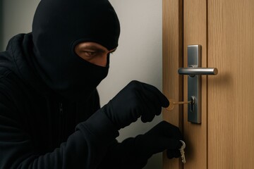 Mortgage fraud. A masked individual attempting to unlock a door with a key.