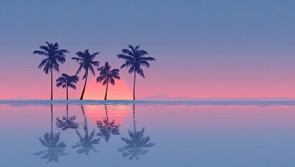 Palm trees silhouette at sunset over water