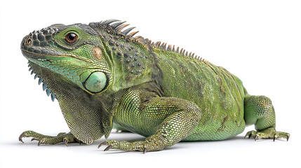 Fototapeta premium A green iguana with spiky scales posing on a white background in a studio shot