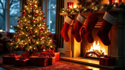 Fototapeta premium Christmas eve in the house. Christmas tree with presents, fireplace with socks for gifts, festive interior. Merry Christmas card, poster