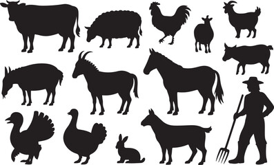 Farm animals and farmer silhouette collection