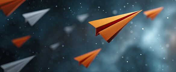 Paper airplanes in flight against a dark, starry background