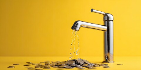 A chrome faucet leaks money onto a yellow surface