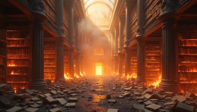 Grand library interior with towering bookshelves engulfed in flames. Books lie scattered across the floor amidst smoke and heat. An archway glows with intense light and fire in the distance.
