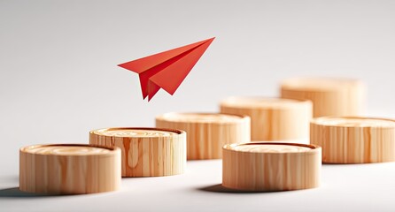 Red paper airplane on wooden podiums