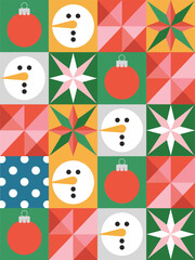 Repeating geometric abstract background design, illustrating snowman, snow, stars, and holiday ornaments.