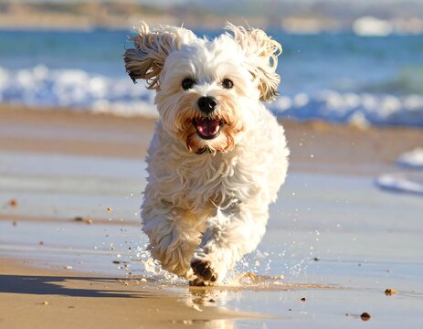 A fluffy, white canine joyfully bounds toward the viewer on a sandy beach, with ocean waves in the background