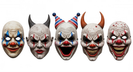 Terrifying clown and demon masks isolated on a transparent background