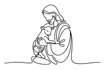Jesus Hugging Lamb Continuous Line Art, Good Shepherd Embracing Sheep | Divine Love and Protection Vector