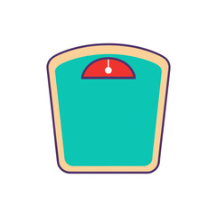 A simple cartoon illustration of a teal bathroom scale with a red dial