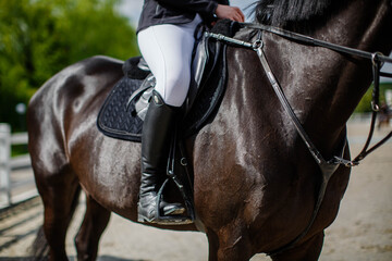 A professional female rider saddles a dressage horse during training or competition—an unrecognizable close-up, focusing on the boots in the stirrup. Conceptually, it depicts love for animals and hobb