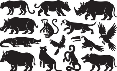 Collection of diverse wild animal silhouettes in various poses