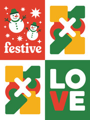 Modern holiday artwork presents abstract geometric illustration, with festive snowman and love typography.